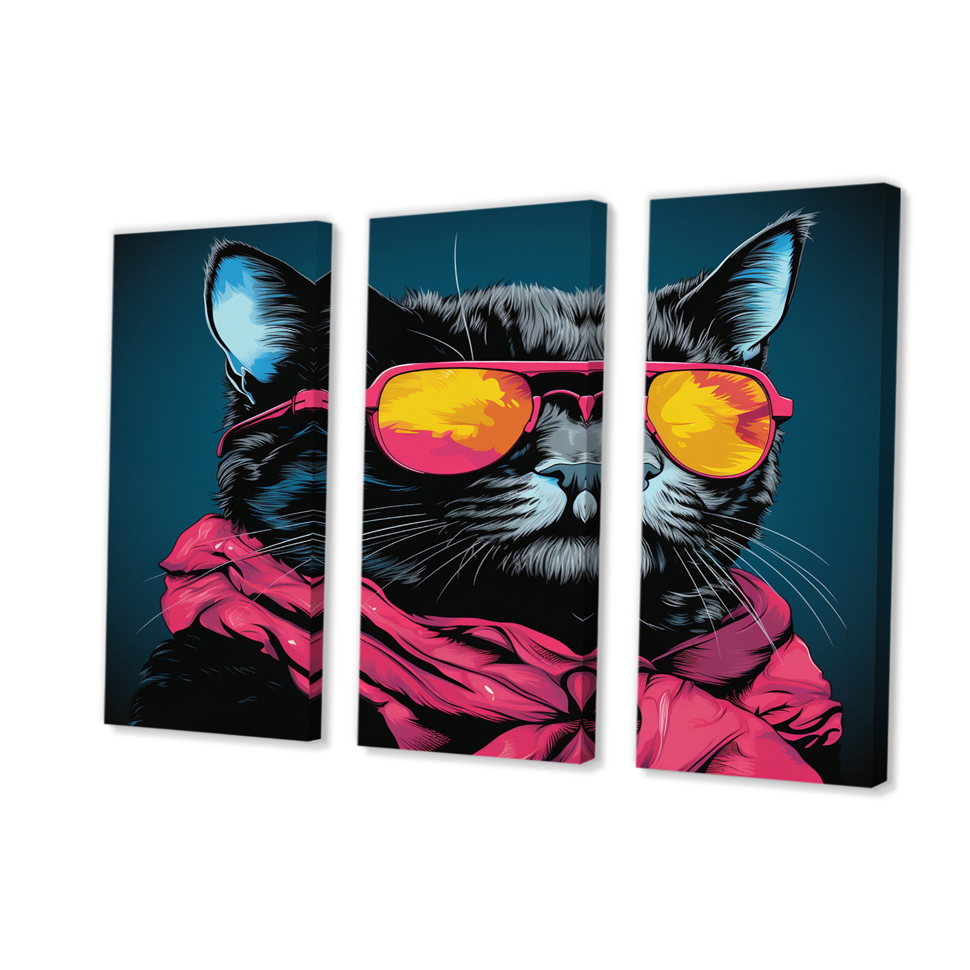 Design Art Cool Cat With Yellow Sunglasses Couple Canvas Print Set